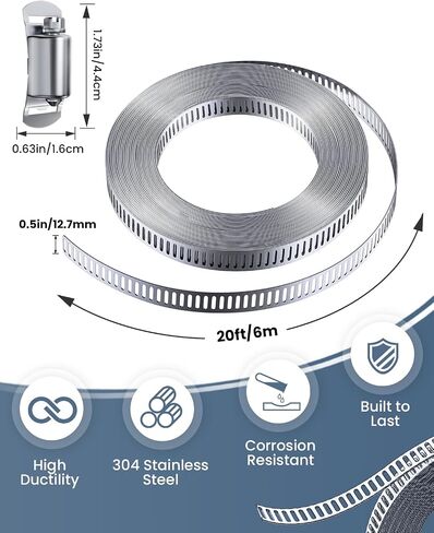 13/20/40FT Metal Strapping with Holes + 10/15/20 Stronger Fasteners, 304 Stainless Steel Hose Clamps DIY Kit, Adjustable Large Worm Gear Hose Clamps, for Duct, Radiator, Fuel Line, Pool, Pipe in Saudi Arabia