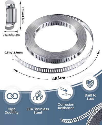 13/20/40FT Metal Strapping with Holes + 10/15/20 Stronger Fasteners, 304 Stainless Steel Hose Clamps DIY Kit, Adjustable Large Worm Gear Hose Clamps, for Duct, Radiator, Fuel Line, Pool, Pipe in Saudi Arabia