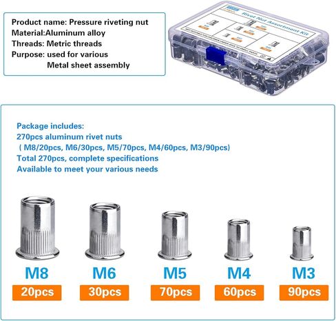 Rivet Nut Assortment Kit, 270 pcs Recessed Rivet Nuts, Rivet Nut Sorting Tool, (M8 M6 M5 M4 M3) for Automotive, Home Decor and Industrial Products in Saudi Arabia