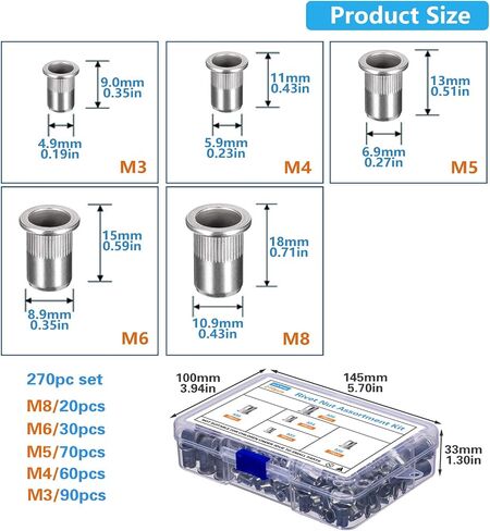 Rivet Nut Assortment Kit, 270 pcs Recessed Rivet Nuts, Rivet Nut Sorting Tool, (M8 M6 M5 M4 M3) for Automotive, Home Decor and Industrial Products in Saudi Arabia
