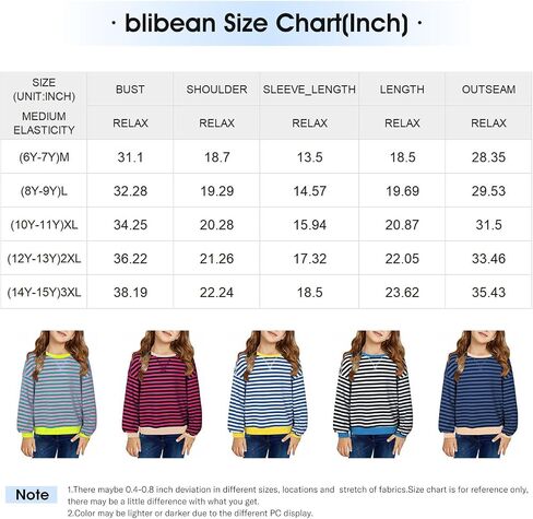blibean Girls Cotton Long Sleeve Sweathirts Striped Color Block Tops Size 6-15 Years in Saudi Arabia
