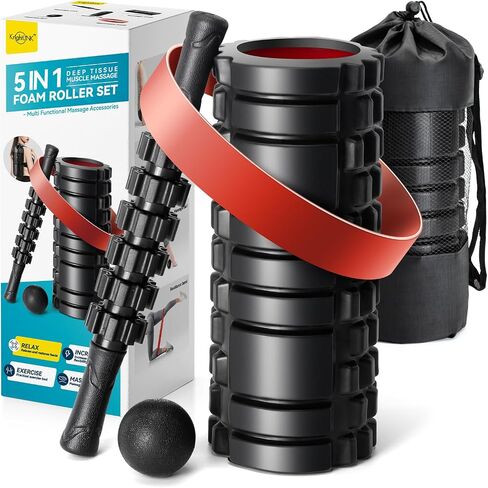 5 in1 Foam Roller Set for Deep Tissue Muscle Massage, High Density Fitness Exercise Foam Roller, Massage Roller, Massage Ball, Resistance Band, for Whole Body (Black) in Saudi Arabia