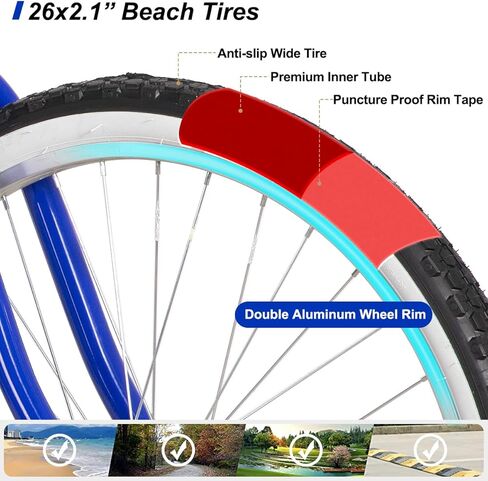 HH HILAND 26 Inch Womens Beach Cruiser Bike, Single Speed Commuter Bicycle with Rear Coaster Brake, Low Step-Through Frame, Comfortable Seat with Dual Springs, City Hybrid Bike for Women Men Adult in Kuwait