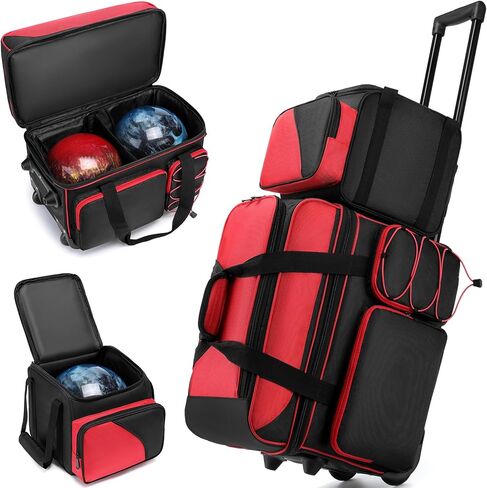 Bowling Bag 2 Ball Bowling Roller Bag + 1 Ball Color Matching Add On Tote, 3 Ball Bowling Ball Bag with Multi-Pockets, 3 Ball Bowling Roller Bag with Wheels (2+1 Red)… in Kuwait