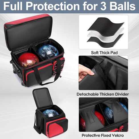 Bowling Bag 2 Ball Bowling Roller Bag + 1 Ball Color Matching Add On Tote, 3 Ball Bowling Ball Bag with Multi-Pockets, 3 Ball Bowling Roller Bag with Wheels (2+1 Red)… in Kuwait