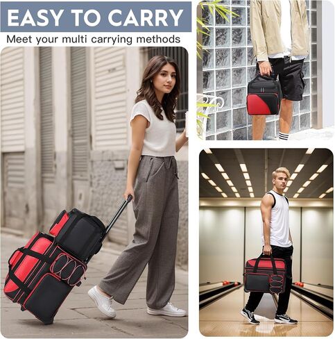 Bowling Bag 2 Ball Bowling Roller Bag + 1 Ball Color Matching Add On Tote, 3 Ball Bowling Ball Bag with Multi-Pockets, 3 Ball Bowling Roller Bag with Wheels (2+1 Red)… in Kuwait