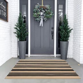 KIMODE Outdoor Rug 4'x 6',Washable Striped Outdoor Patio Rugs,Cotton Hand-Woven Farmhouse Welcome Layered Door Mats Outdoor Entryway Rug for Indoor Outdoor,Front Door,Porch,Blue and White