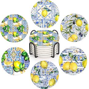 Coaster for Drinks Set of 6, Colorful Floral Marble Tree Geometry Absorbent Round Ceramic Stone Mat, with Cork Base and Metal Holder, Gift for Housewarming Room Bar Decor