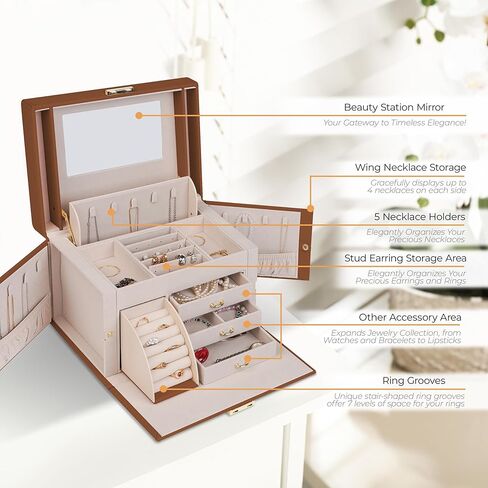 منظم مجوهرات VitaFeli 5 طبقات - صندوق مجوهرات 4 أدراج تصميم فاخر مع مقصورات متعددة الوظائف - سعة كبيرة للخواتم والأقراط والقلائد والأساور (أزرق، 5 طبقات) in Kuwait