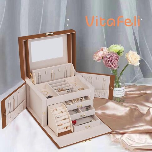 منظم مجوهرات VitaFeli 5 طبقات - صندوق مجوهرات 4 أدراج تصميم فاخر مع مقصورات متعددة الوظائف - سعة كبيرة للخواتم والأقراط والقلائد والأساور (أزرق، 5 طبقات) in Kuwait