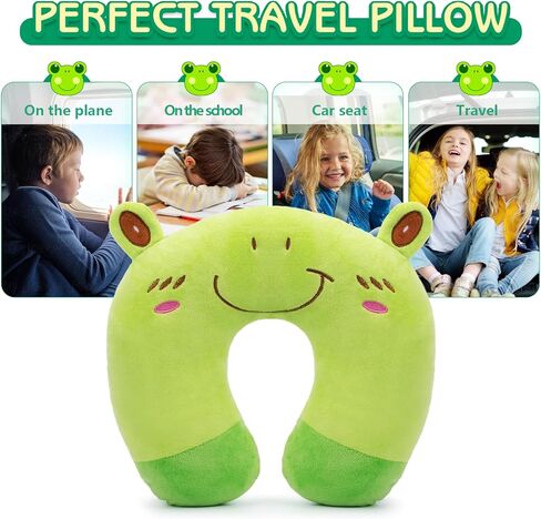 وسادة سفر H HOMEWINS للأطفال الصغار - وسادة ناعمة لدعم الرأس والذقن، حيوان لطيف، مريحة في أي وضع جلوس للطائرة، السيارة، القطار، قابلة للغسل في الغسالة، هدية للأطفال (ضفدع) in Kuwait