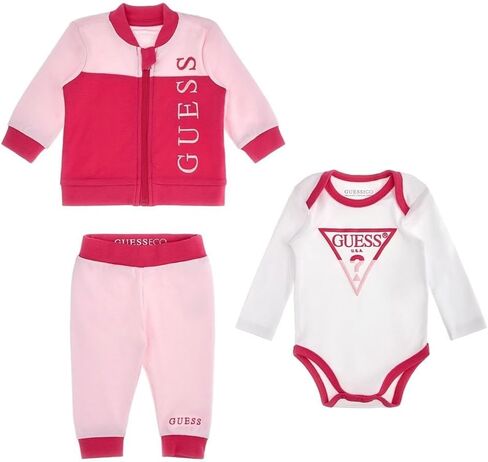 GUESS baby-girls Organic Interlock Logo Bodysuit With Zip Up Sweatshirt and Sweatpants Playwear set in Saudi Arabia