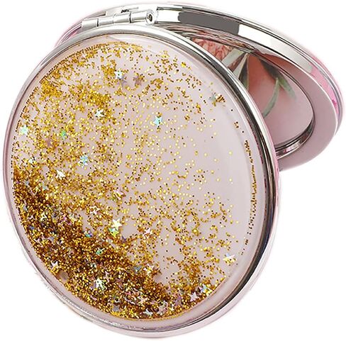 HSYHERE Creative Quicksand Moving Sand Small Mini Makeup Mirror Double-Sided Portable Compact Makeup Mirror Glitter Foldable Fashion Hand Mirror Portable Travel Pocket Makeup Mirror (Round-Silver) in Kuwait