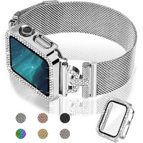 JOYOZY Magnetic Band Compatible with Apple Watch Band 38mm 40mm 41mm 42mm 44mm 45mm 46mm Milanese Strap with Bling Glitter Case Built-in Screen Protector Dressy Stainless Steel iWatch Loop for Women in Kuwait