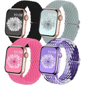 4Pack Braided Solo Loop Compatible with Apple Watch Band 38mm 40mm 41mm 42mm 44mm 45mm 49mm, Washable Stretchy Woven Nylon Strap Wristband Women Men for iWatch Series 9 8 7 6 5 4 3 2 1 SE Ultra