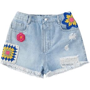 Floerns Girls Ripped Raw Trim Shorts High Waist Straight Leg Denim Shorts