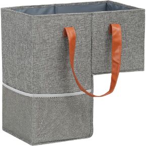 Qozary Stair Basket with Leather Handles - Stair Baskets for Carpeted Stairs, Staircase Basket for Wooden Stairs, Fabric Storage Bin, Save Trips Up and Down The Stairs