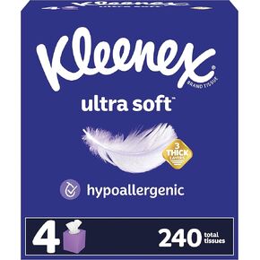 Kleenex Ultra Soft Facial Tissues, 4 Cube Boxes, 60 Tissues per Box, 3-Ply (240 Total Tissues), Packaging May Vary
