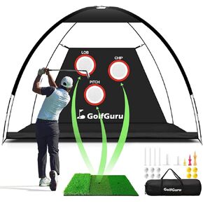 Golfguru Golf Net, 10x7ft All in 1 Golf Practice Net with Pro Chipping Target, Tri-Turf Golf Mat, 10 Golf Balls, 7 Golf Tees, 2 Rubber Golf Tees, Carry Bag, Golf Net for Backyard Driving Chipping