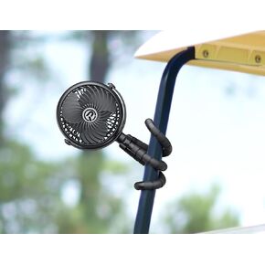 Rechargeable Golf Cart Fan Compatible with EZGO Club Car Yamaha Clip on Fan with Flexible Tripod, 360° Rotatable, 20Hrs Work, 3 Speed Battery Operated Fan for Golf Cart Push Cart