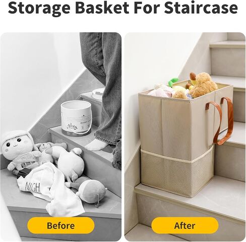 Qozary Stair Basket with Leather Handles - Stair Baskets for Carpeted Stairs, Staircase Basket for Wooden Stairs, Fabric Storage Bin, Save Trips Up and Down The Stairs in Kuwait