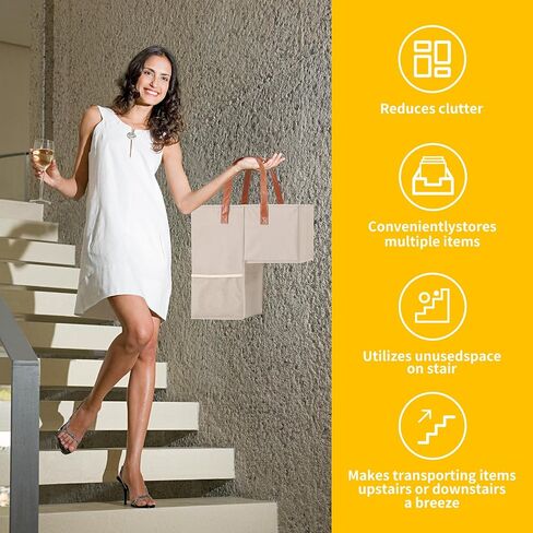 Qozary Stair Basket with Leather Handles - Stair Baskets for Carpeted Stairs, Staircase Basket for Wooden Stairs, Fabric Storage Bin, Save Trips Up and Down The Stairs in Kuwait