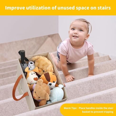 Qozary Stair Basket with Leather Handles - Stair Baskets for Carpeted Stairs, Staircase Basket for Wooden Stairs, Fabric Storage Bin, Save Trips Up and Down The Stairs in Kuwait