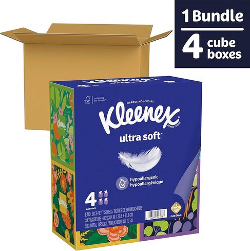 Kleenex Ultra Soft Facial Tissues, 4 Cube Boxes, 60 Tissues per Box, 3-Ply (240 Total Tissues), Packaging May Vary in Saudi Arabia