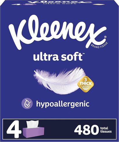 Kleenex Ultra Soft Facial Tissues, 4 Cube Boxes, 60 Tissues per Box, 3-Ply (240 Total Tissues), Packaging May Vary in Kuwait