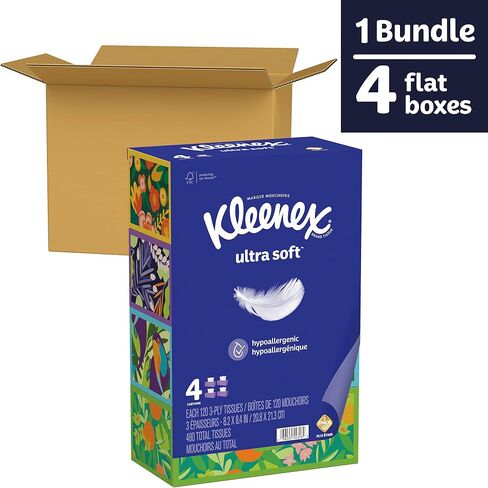 Kleenex Ultra Soft Facial Tissues, 4 Cube Boxes, 60 Tissues per Box, 3-Ply (240 Total Tissues), Packaging May Vary in Kuwait
