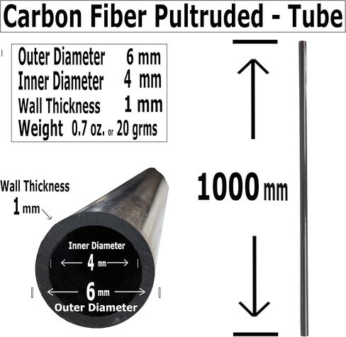 – CARBON FIBER TUBE - 6mm X 4mm x 1000mm – Pultruded Round Hollow Carbon Fiber rods Black matte finish - Pure carbon fibre hollow tube shafts - for RC planes-drones, boat DIY craft projects in Saudi Arabia
