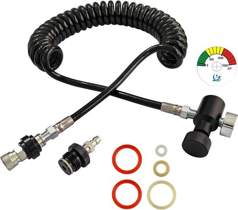 Paintball Gun Marker Remote Hose Coiled Line Stainless Steel Quick Disconnect 138inches with Slide Check 1500psi Gauge in Saudi Arabia