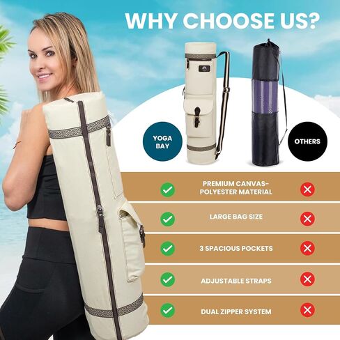 YOGABAY Yoga Mat Bag Carrier – 75cm x 17.5 cm Travel Bag Fits Yoga Mats – Durable Canvas Yoga Strap for Carrying Mat – Multiple Pockets and Adjustable Strap Yoga Bag for Mat in Saudi Arabia