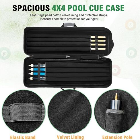 4x4 Pool Cue Case - Soft Padded Pool Stick Case Holds 4 Butts and 4 Shafts, Pool Stick Bag with Adjustable Shoulder Straps, Includes 2 Large Accessories Pockets in Saudi Arabia