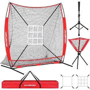 7x7 ft Baseball & Softball Practice Net - Large Ball Collection System for Batting, Hitting, Pitching, Portable Baseball Training Equipment with 2 Strike Zone, Batting Tee, Ball Caddy, Carry Bag