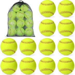Lewtemi 12 Pack Softball Bulk Yellow Sports Practice Softballs Official Size and Weight Slowpitch Softball with 1 Mesh Bag Unmarked Leather Covered Youth Fastpitch Games Practice Training
