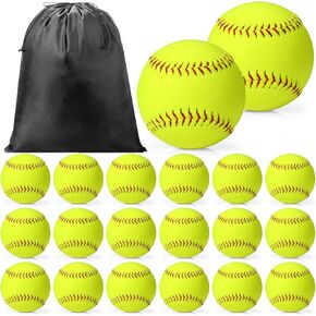 20 Pack Sports Practice Softball with Mesh Bag, Official Size and Weight Slowpitch Softball, Unmarked Leather Covered Youth Fastpitch Softball Ball Training Ball for Game Training