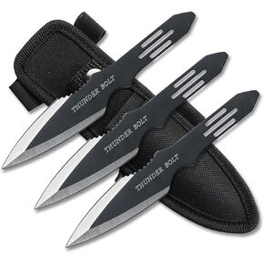 Set of 3 Black/Satin Finish Throwing Knives with Thunder Bolt Etching, Black Handles, Nylon Sheath - BladesUSA