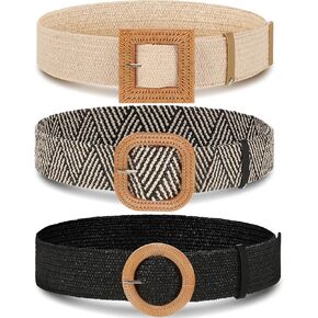 Syhood 3 Pieces Straw Woven Elastic Waist Belt for Women Bohemian Dress Braided Belt