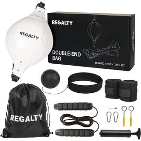 REGALTYs Double End Bag Boxing Kit - Jump Rope and Reflex Ball - Adjustable Leather Double Ended Punching Bag Training Set - Boxing Equipment for your Gym with Carry Bag - Speedbagpunching for Agility