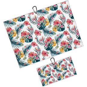 Tropical Floral Golf Towel 2 Packs Pink Hibiscus Flowers Golf Towels for Golf Bags Men Women Hawaiian Plants Microfiber Waffle Golf Towel with Clip Funny Golf Gift Accessories