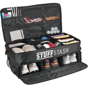Golf Trunk Organizer - Extra Large - Three Shoe Compartments, Dividers, Storage for Tees, Gloves, Balls - Store Accessories in Your Car or SUV - Golfer Gift Essentials for Men and Women
