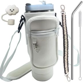 White Water Bottle Bag for Stanley 40 oz Cup Water bottle holder with handle handles, with straw, cleaning brush, and dual storage pockets designed to be carried on gym trips.
