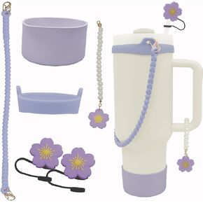 6 Pcs Stanley Cup Accessories for Stanley Cup 40oz or 30oz,Includes Unique 10mm Flower Letter Straw Toppe,Water Bottle Handle Strap,stanley bottom protector(Bule-Flower)