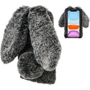 Case for iPhone 11 6.1 Inch, Rabbit Fur Case Bunny Ear Phone Case for Girls Fuzzy Cute Warm Winter Soft Furry Fluffy Ball Fur Hair Plush Protective TPU Bumper Skin Cover for iPhone 11 - Black