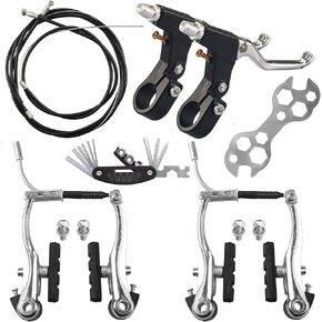 Complete Bike Brakes Set，Inner and Outer Callipers Cables Lever Kit ，Universal Bike Front and Rear MTB Brake with Multi-Tool Wrenches Black White