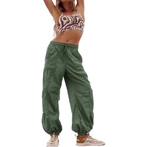 Bankeng Parachute Pants for Women Cargo Pants with Pockets Elastic Waist Drawstring Baggy Hiking Pants