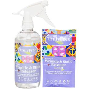1-Pack Truly Free Wrinkle & Static Releaser - Quick Fix Static Guard, Wrinkle Release Spray, Clothes, Linen, Pillows, and Sheets Fabric Refresher - Plant-Based - 12oz Spray Bottle, 1 Refill