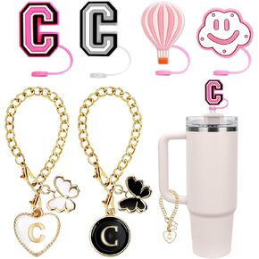 6PCS Compatible with Stanley Cup Accessories, 4PCS 0.4"/10MM Straw Cover Cap for Stanley Cup and 2PCS Butterfly Letter Charms for Stanley Cups 30&40 Oz, Silicone Straw Toppers for Stanley Cups (M)