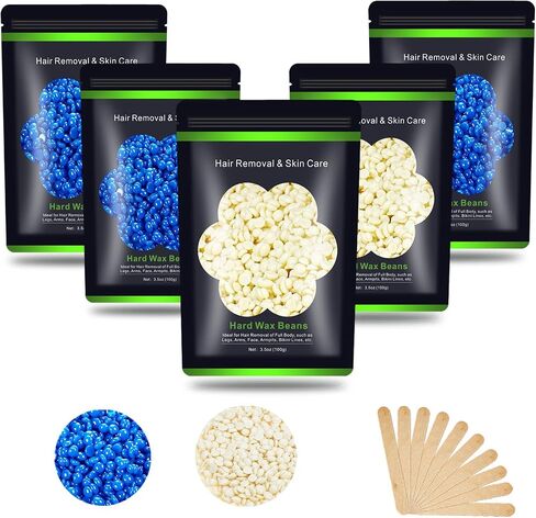Wax Beads for Hair Removal 1.1 lb (17.6 oz), Hard Wax Beads for Sensitive Skin - Brazilian, Face, Bikini, Legs, Eyebrow, Painless Waxing Beads Kit for Women Men, 5 Packs with 10 Wax Sticks in Kuwait